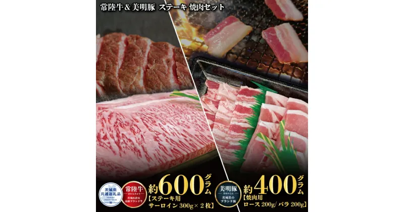 【ふるさと納税】ステーキ焼肉セット 常陸牛ステーキ600g・美明豚焼肉用400g 銘柄牛 きめ細い 柔らかい 豊かな風味 黒毛和牛 A4ランク A5ランク ブランド牛 ブランド豚 銘柄豚 茨城 国産 黒毛和牛 霜降り 牛肉 冷凍 贈り物 お祝い 焼肉 茨城県共通返礼品 送料無料