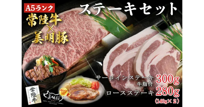 【ふるさと納税】【常陸牛A5ランク・美明豚ステーキセット】常陸牛サーロインステーキ200g＋美明豚ロースステーキ280g（140g×2枚）｜DT-21