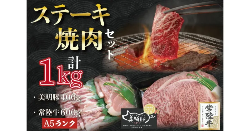 【ふるさと納税】【常陸牛A5ランク・美明豚ステーキ焼肉セット】常陸牛サーロイン600g（300g×2枚）＋美明豚400g（ロース200g・ばら200g）｜DT-38