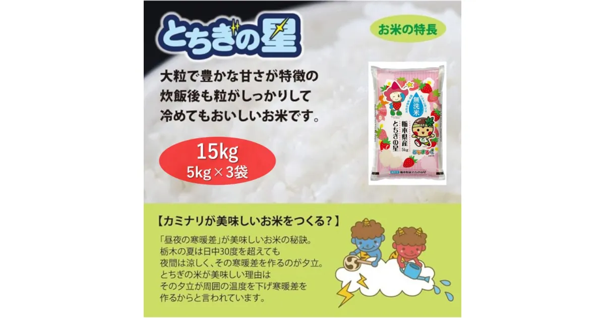 【ふるさと納税】栃木県鹿沼市産 とちぎの星 無洗米 15kg（5kg×3袋） 令和5年産 水稲うるち精米 単一原料米 お米 特A 大粒　 米 お米 大粒 甘さ 　お届け：2024年10月上旬～2025年7月下旬