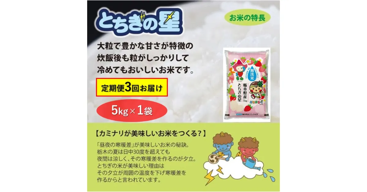 【ふるさと納税】【定期便 3ヶ月】栃木県鹿沼市産 とちぎの星 無洗米 5kg 3回お届け 令和5年産 水稲うるち精米 単一原料米 お米 特A 大粒　定期便・ 米 お米 大粒 甘さ 　お届け：2024年10月上旬～2024年7月下旬