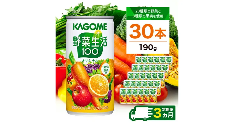 【ふるさと納税】【定期便3ヵ月】カゴメ　野菜生活100　オリジナル　190g缶×30本 1ケース 毎月届く 3ヵ月 3回コース【190g　30本　20種類の野菜　3種類の果実　野菜果実ミックスジュース 栃木県 那須塩原市 】